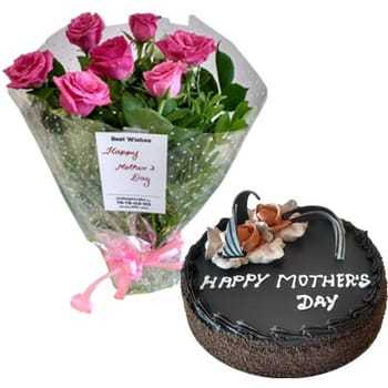 Mothers Day Chocolate Cake and Pink Roses